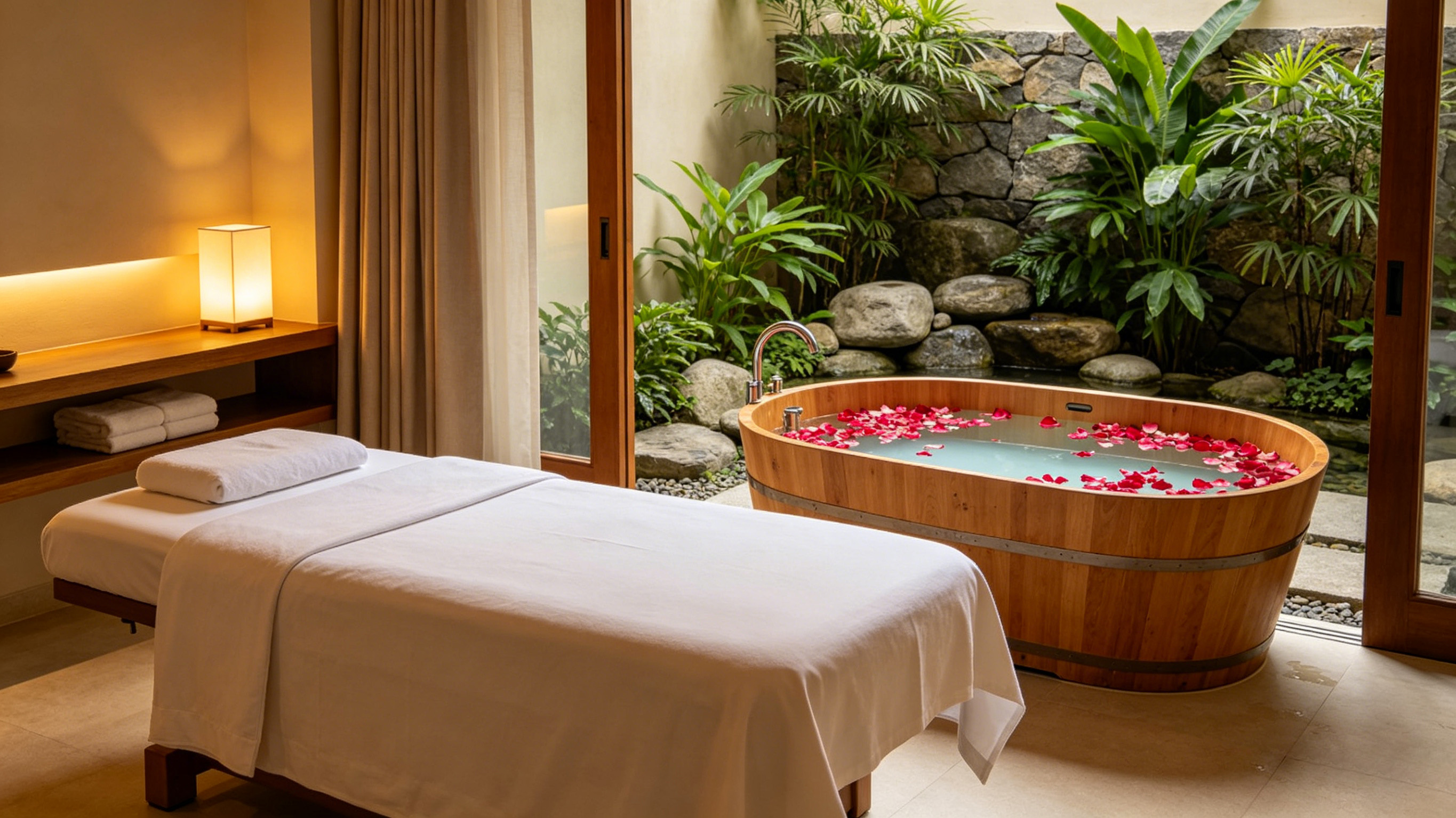 Peaceful in-room massage setup with candles and oils